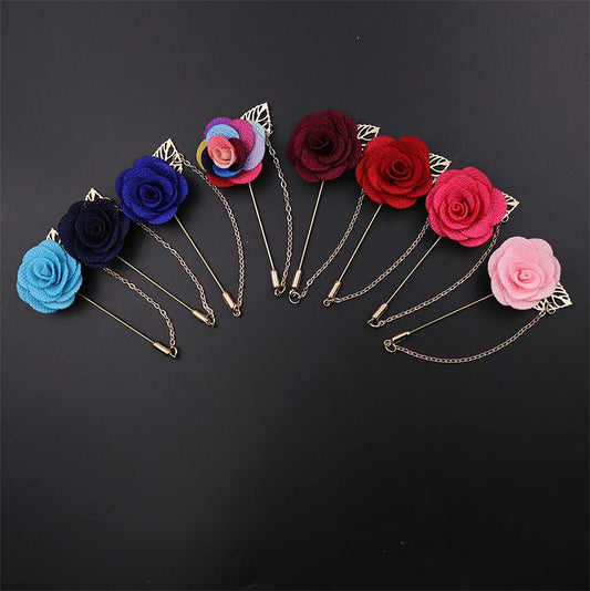 HUSHI Lapel Handmade Brooch Pin Rose Camellia Brooches Pin Chain Flower Leaf Banquet Accessories For Shirt Men's Suit Wedding