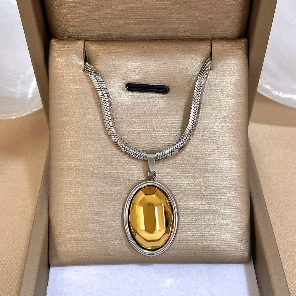 Chunky Chubby Geometric Oval Pendant Necklace for Women Trendy Gold Silver Color Stainless Steel Neck Chain Party Jewelry