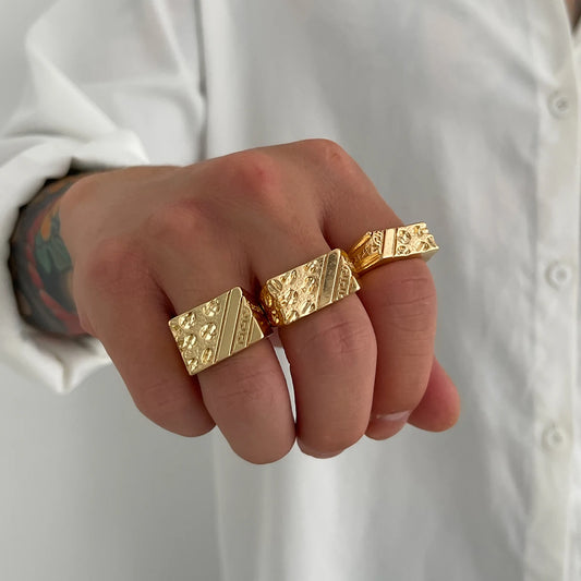 Ingemark 3Pcs/Set Trendy Vintage Gold Color Chunky Ring For Men 2025 Hip Hop Thick Rings Charm Finger Accessories Grunge Jewelry
