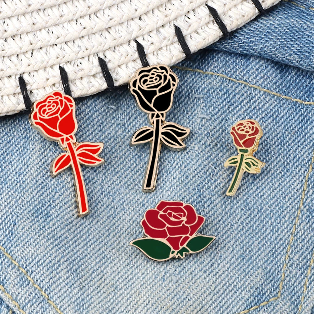 Fashion Flower Lapel Pin Women Badge 2PC Red Black Rose Design Metal Brooch Pins Couple Romantic Gift Dating Wedding Jewelry