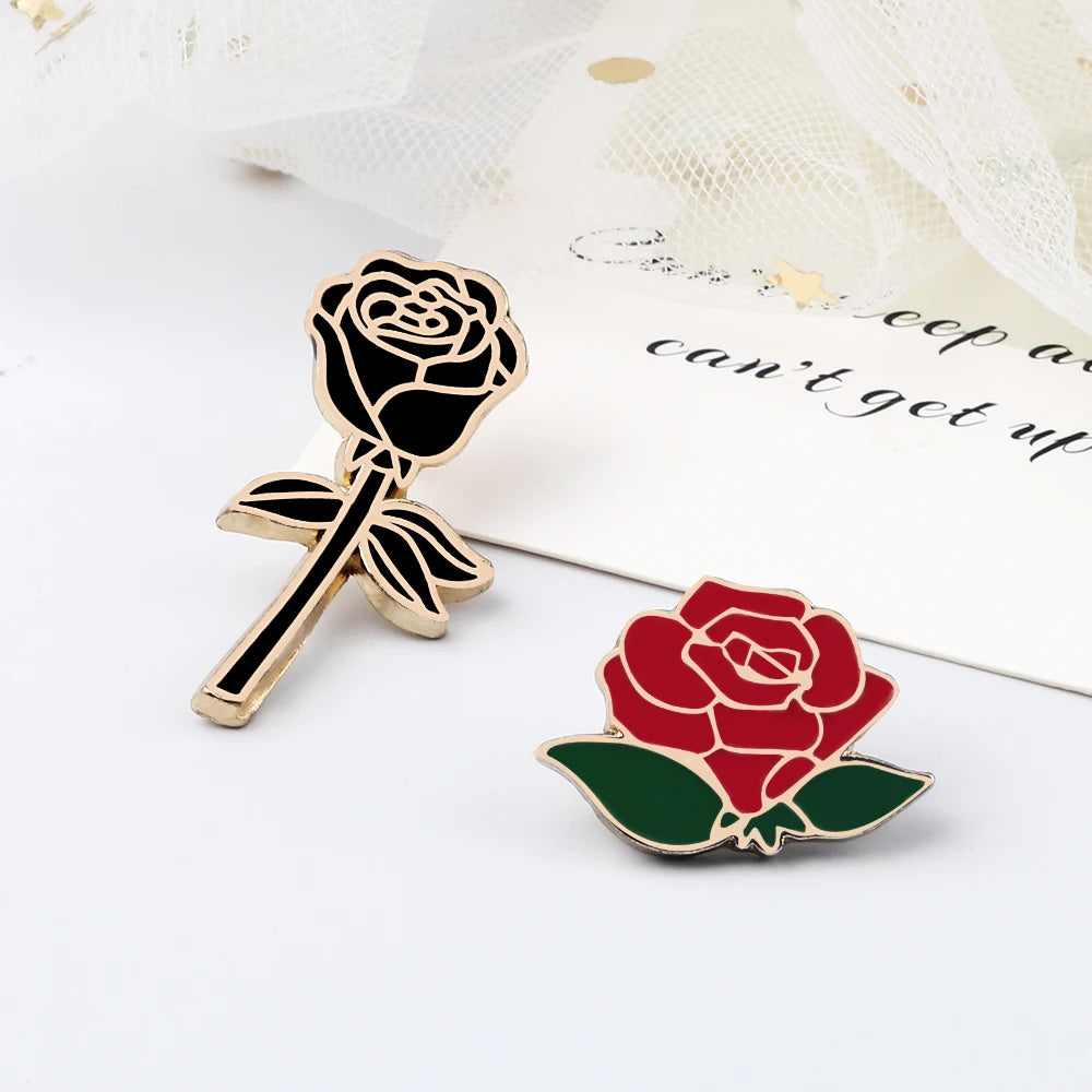 Fashion Flower Lapel Pin Women Badge 2PC Red Black Rose Design Metal Brooch Pins Couple Romantic Gift Dating Wedding Jewelry