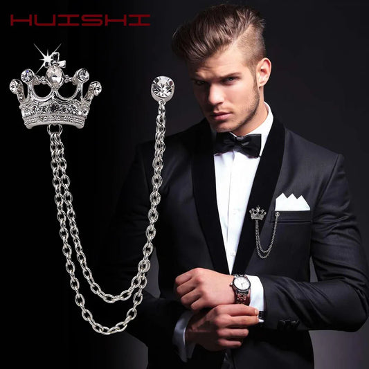 Royal Crown Tassel Brooch | Crystal Chain Lapel Pin for Men’s Suits & Blazers