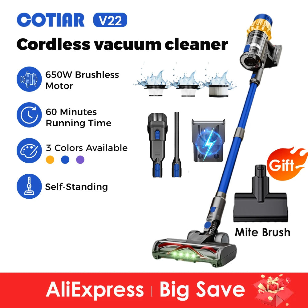 COTIAR V22 Cordless Vacuum Cleaner 650W 55000PA Home Appliance Handheld Vacuum Cleaner Cleaning Supplies Removable Battery