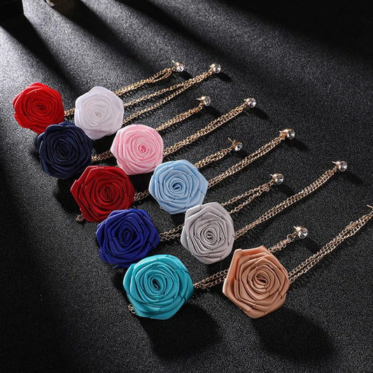 Korean Bridegroom Wedding Brooches Cloth Art Hand-made Rose Flower Brooch Lapel Pin Badge Tassel Chain Men's Suit Accessories