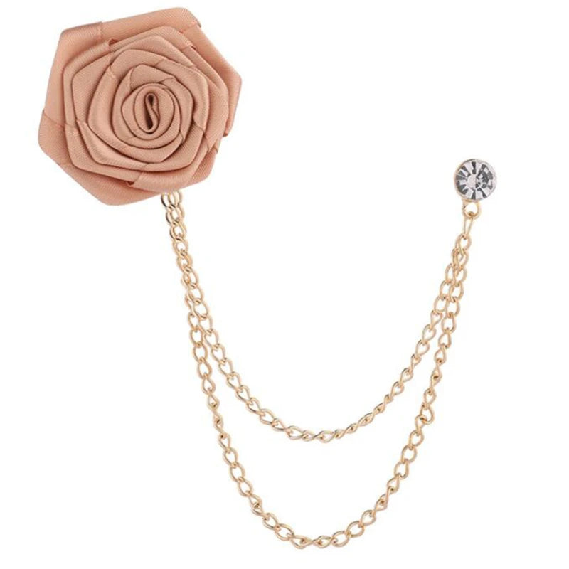 Korean Bridegroom Wedding Brooches Cloth Art Hand-made Rose Flower Brooch Lapel Pin Badge Tassel Chain Men's Suit Accessories