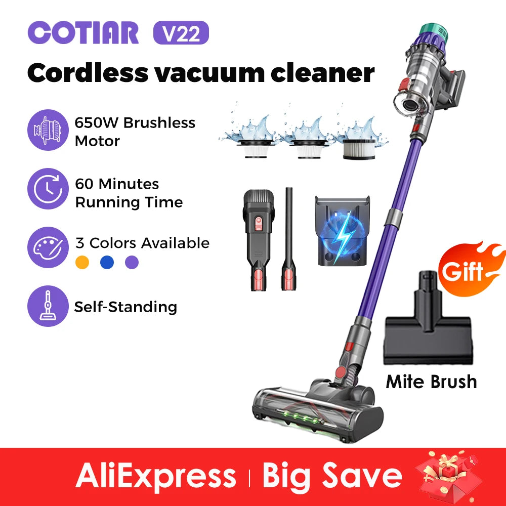 COTIAR V22 Cordless Vacuum Cleaner 650W 55000PA Home Appliance Handheld Vacuum Cleaner Cleaning Supplies Removable Battery