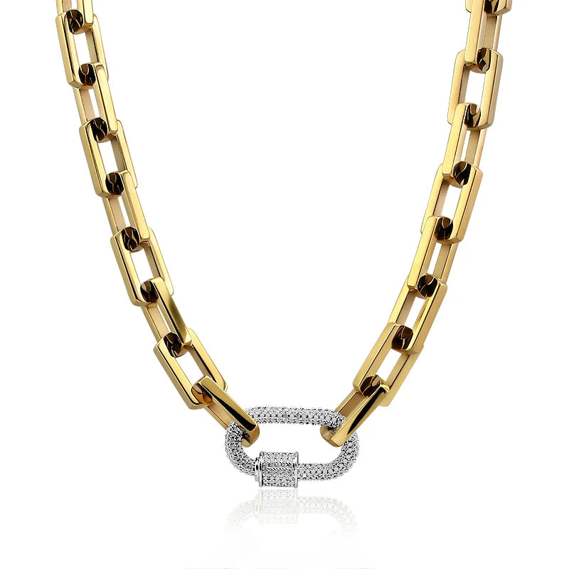 INS Fashion Chunky Chain Zircon Pendant Minimalist Necklace 18K Gold Silver Plated Paperclip Chain Carabiner Lock Necklace