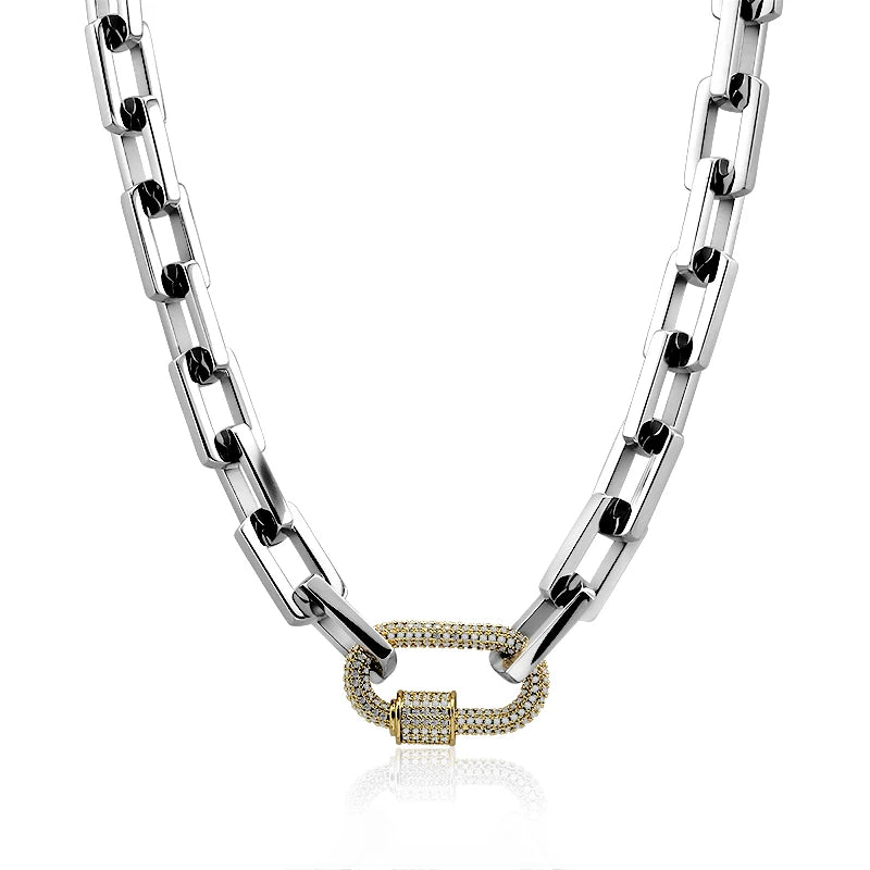 INS Fashion Chunky Chain Zircon Pendant Minimalist Necklace 18K Gold Silver Plated Paperclip Chain Carabiner Lock Necklace