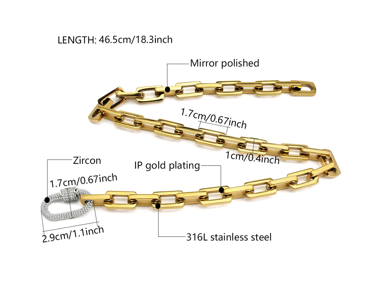 INS Fashion Chunky Chain Zircon Pendant Minimalist Necklace 18K Gold Silver Plated Paperclip Chain Carabiner Lock Necklace