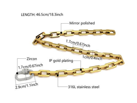 INS Fashion Chunky Chain Zircon Pendant Minimalist Necklace 18K Gold Silver Plated Paperclip Chain Carabiner Lock Necklace