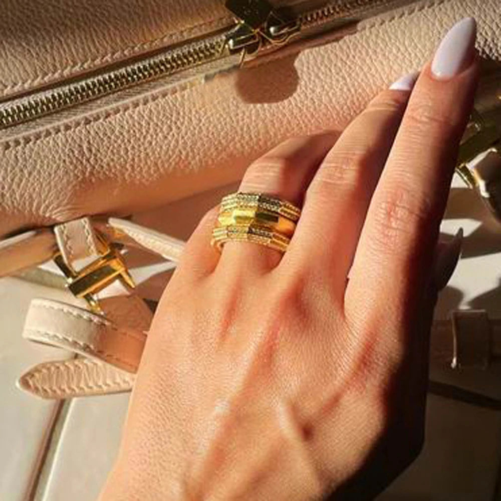 2025 New Chunky Gold Color Hex Matte Ring for Women Men Rope Connection Geometric Matte Fashion Trend Finger Jewelry