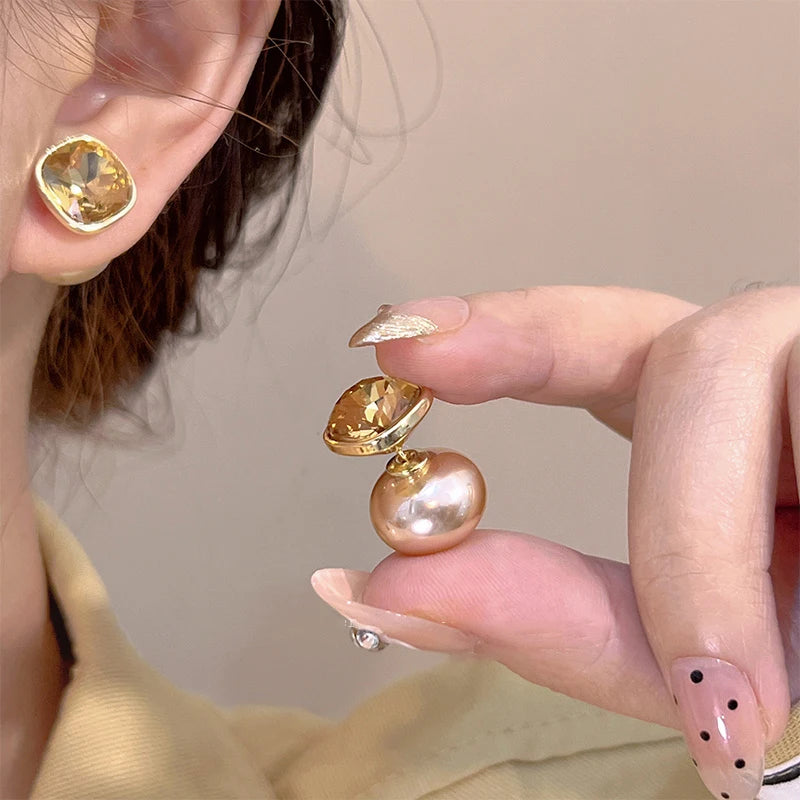 Champagne Gold Pearl Drop Earrings | Elegant Dangle Studs for Women & Brides