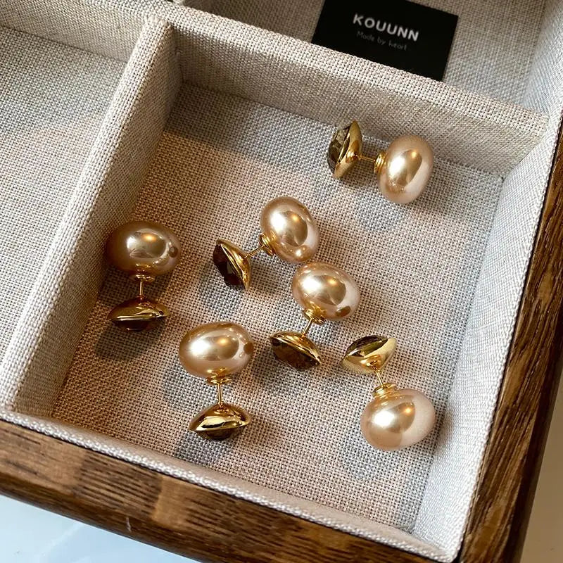 Champagne Gold Pearl Drop Earrings | Elegant Dangle Studs for Women & Brides