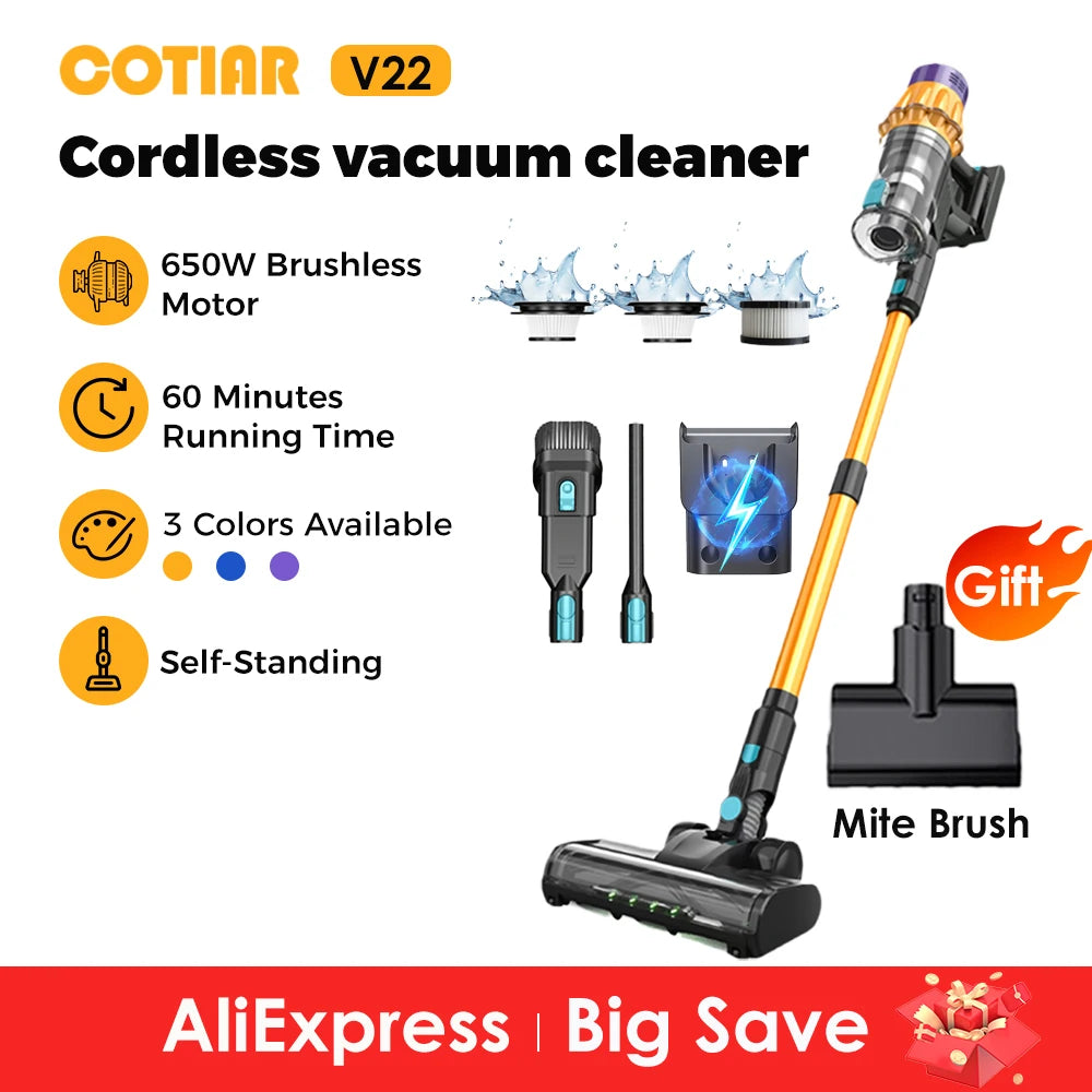 COTIAR V22 Cordless Vacuum Cleaner 650W 55000PA Home Appliance Handheld Vacuum Cleaner Cleaning Supplies Removable Battery