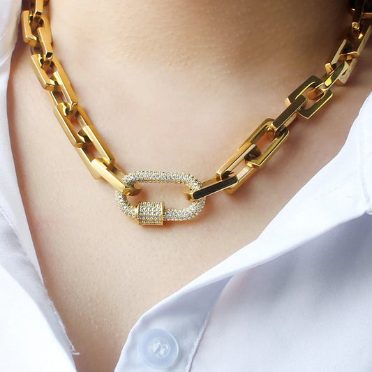 INS Fashion Chunky Chain Zircon Pendant Minimalist Necklace 18K Gold Silver Plated Paperclip Chain Carabiner Lock Necklace