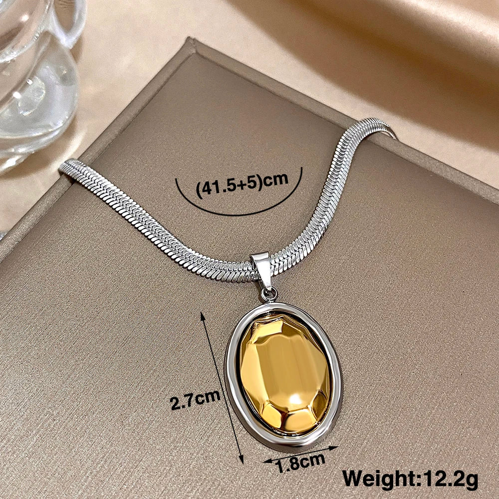 Chunky Chubby Geometric Oval Pendant Necklace for Women Trendy Gold Silver Color Stainless Steel Neck Chain Party Jewelry