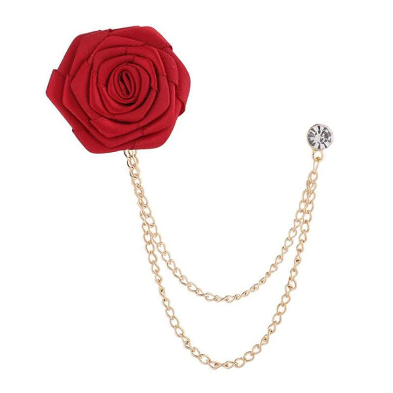 Korean Bridegroom Wedding Brooches Cloth Art Hand-made Rose Flower Brooch Lapel Pin Badge Tassel Chain Men's Suit Accessories