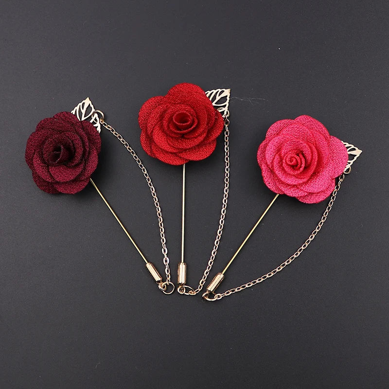 HUSHI Lapel Handmade Brooch Pin Rose  Camellia Brooches Pin Chain Flower Leaf  Banquet Accessories For Shirt Men's Suit Wedding