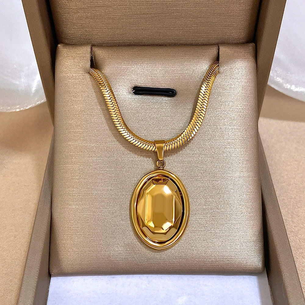 Chunky Chubby Geometric Oval Pendant Necklace for Women Trendy Gold Silver Color Stainless Steel Neck Chain Party Jewelry