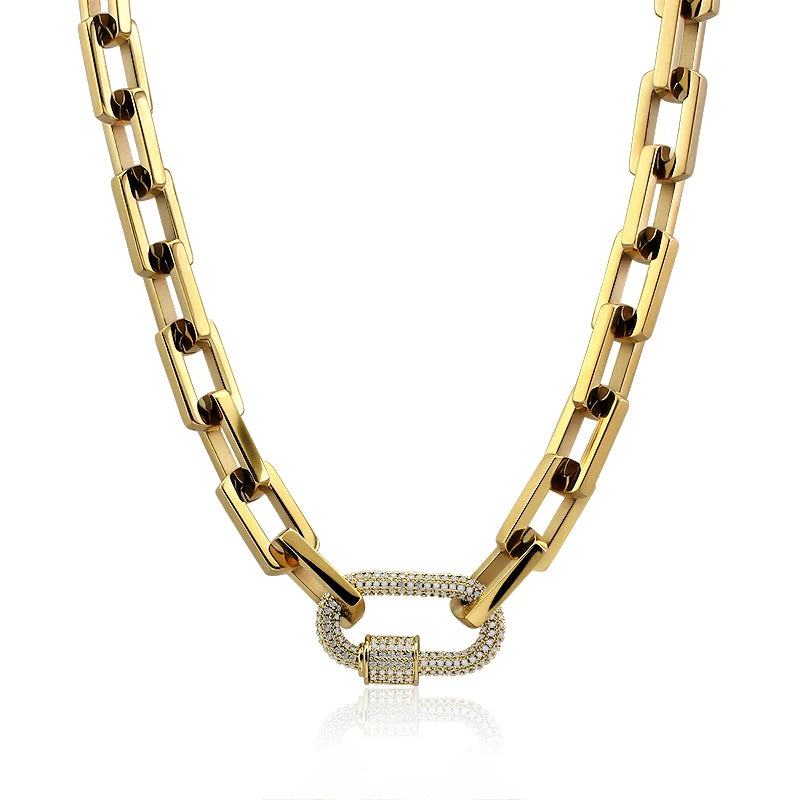 INS Fashion Chunky Chain Zircon Pendant Minimalist Necklace 18K Gold Silver Plated Paperclip Chain Carabiner Lock Necklace