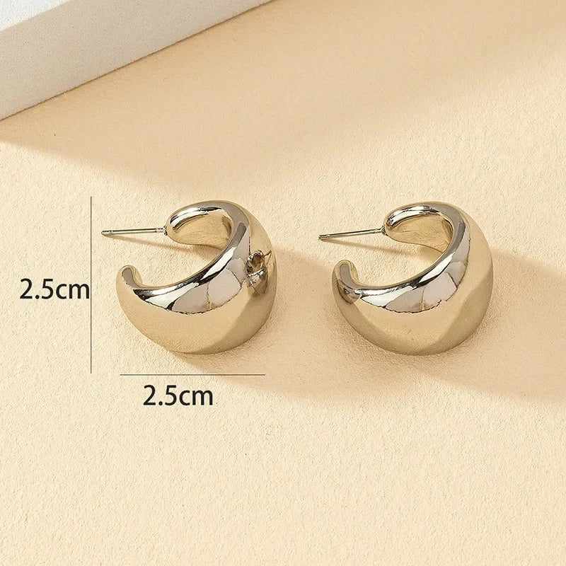 New Gold Color Round Chunky Earrings for Women Lightweight Smooth Metal Open Thick Hoops Fashion Trendy Jewelry 2023