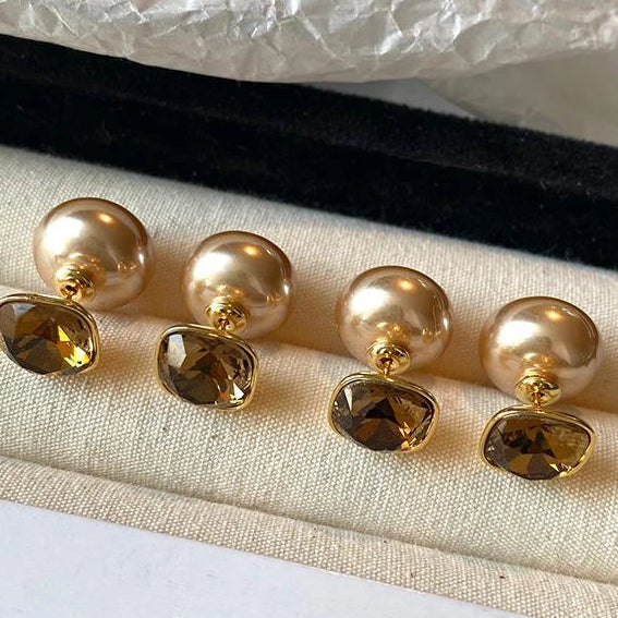 Champagne Gold Pearl Drop Earrings | Elegant Dangle Studs for Women & Brides