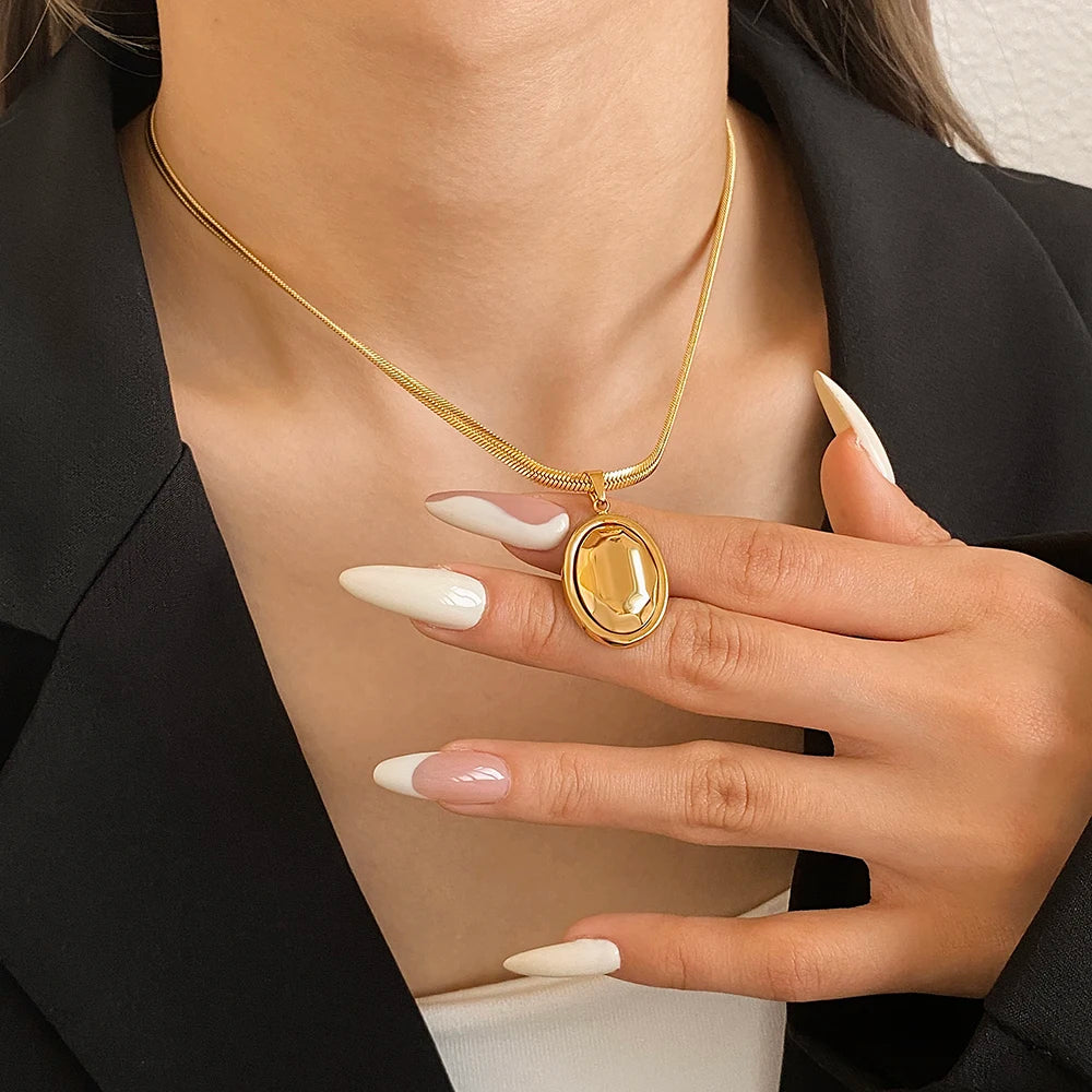 Chunky Chubby Geometric Oval Pendant Necklace for Women Trendy Gold Silver Color Stainless Steel Neck Chain Party Jewelry